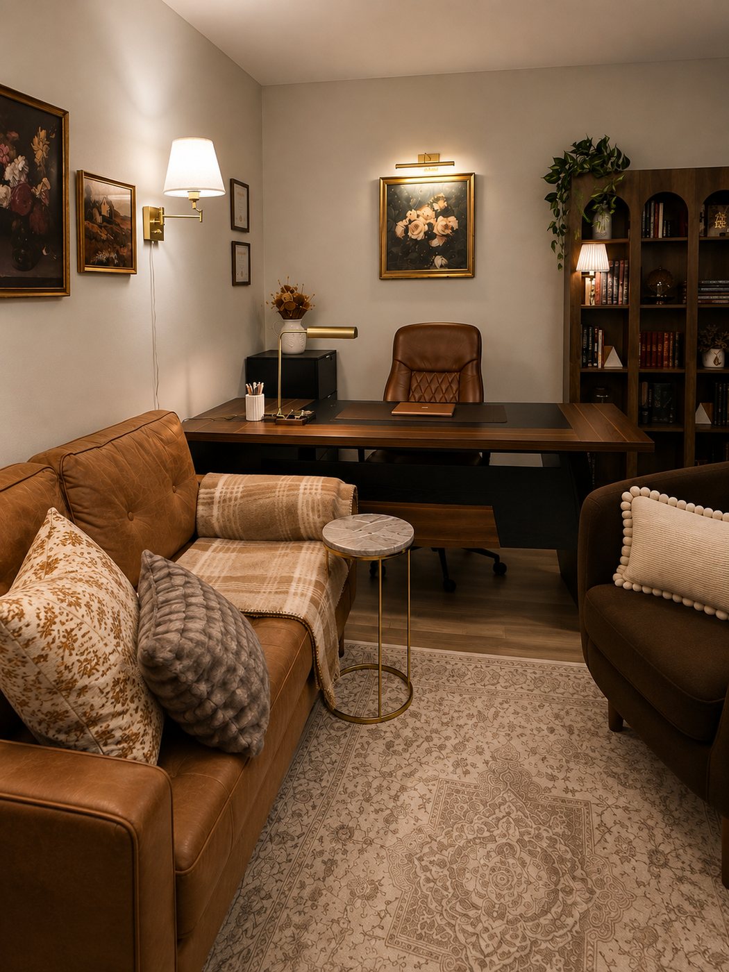 Bureau de consultation avec divan de cuir, fauteuil, bibliothèque et éclairage tamisé
