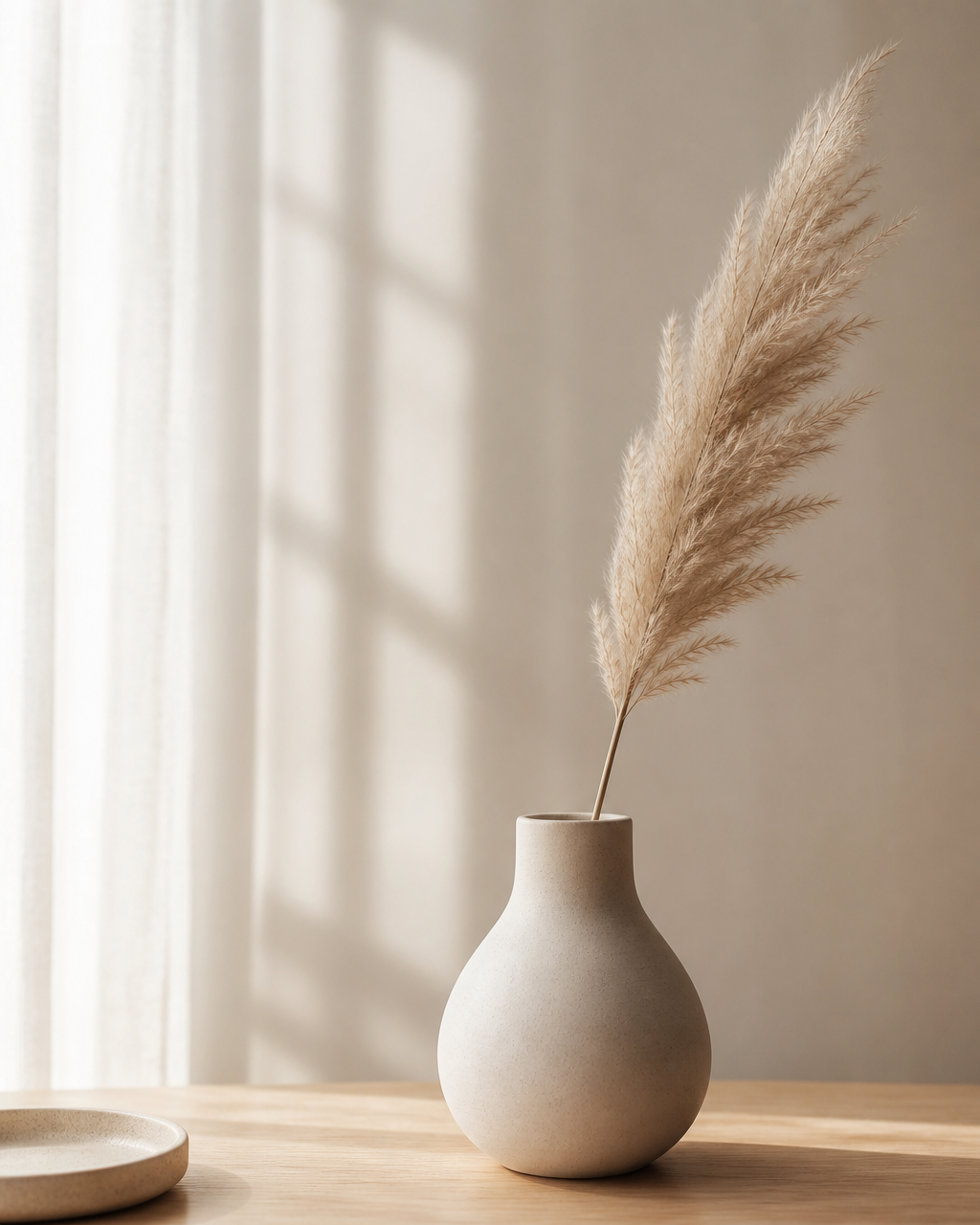 Vase minimaliste avec une tige de pampa, évoquant l’atmosphère chaleureuse du bureau de Rachèle Labbé, sexologue
